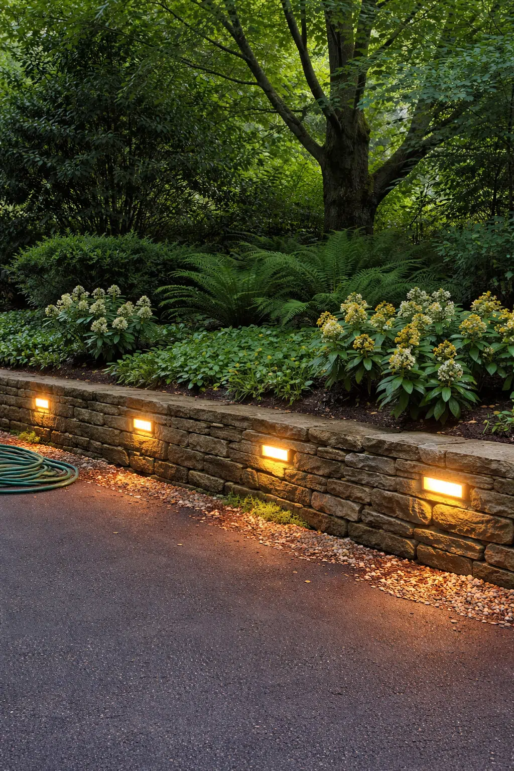 ### 15. Hydrangeas and Ferns Along Lit Stone Wall