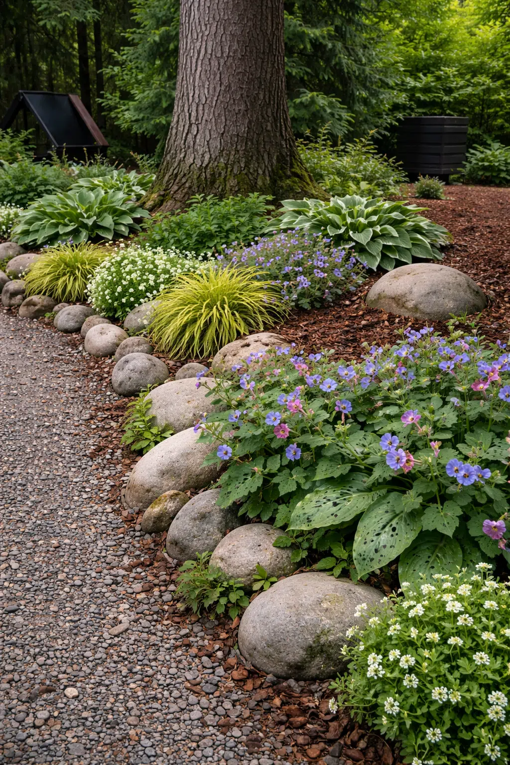 ### 11. Hostas and Geraniums Along Boulder Edge