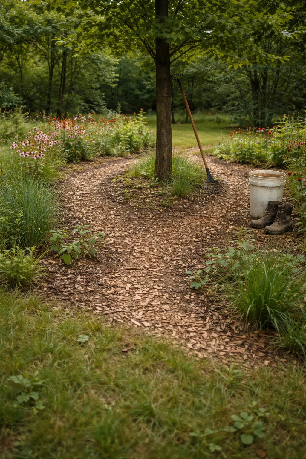 ### 15. Mulch Paths Encircling Maple and Coneflowers