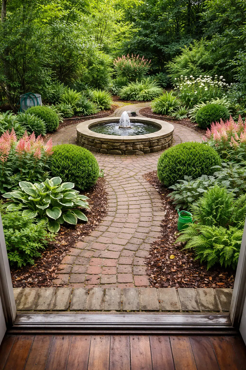 ### 20. Brick Paths Around Boxwood and Hostas Fountain