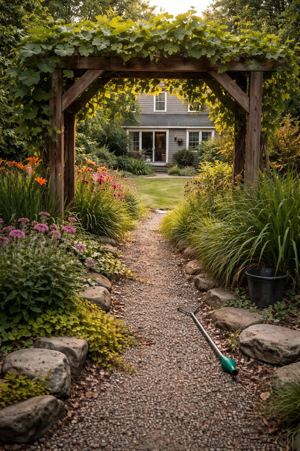 ### 15. Grape-Covered Archway Over Daylily Path