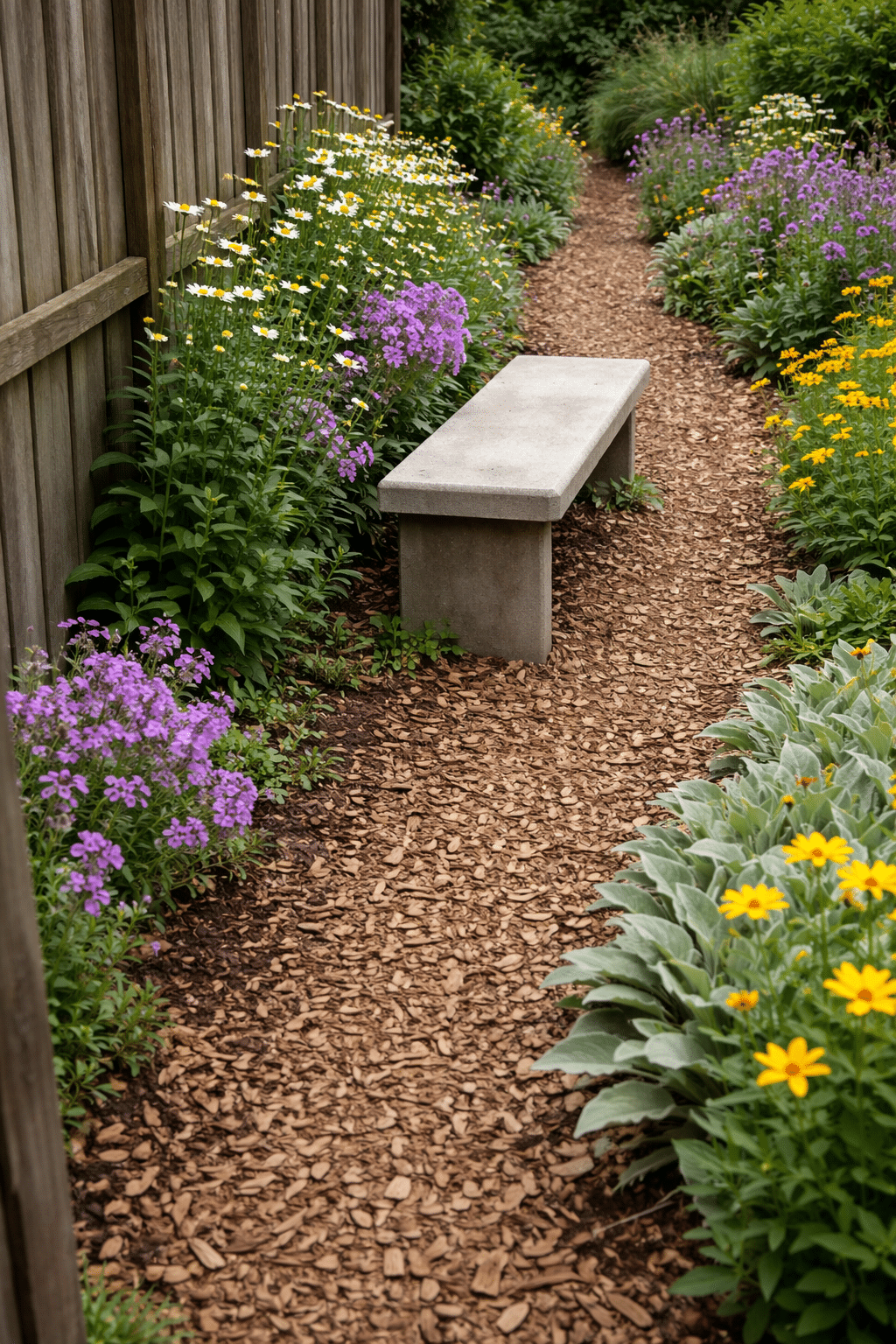 ### 13. Mulch Path With Daisies and Phlox Bench