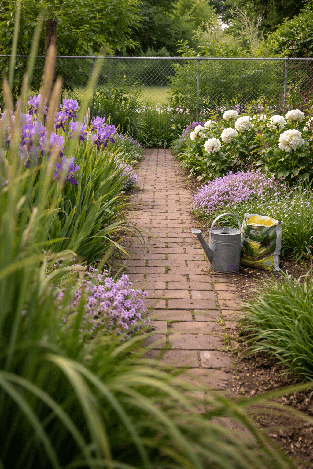 ### 17. Brick Path Lined With Irises and Peonies