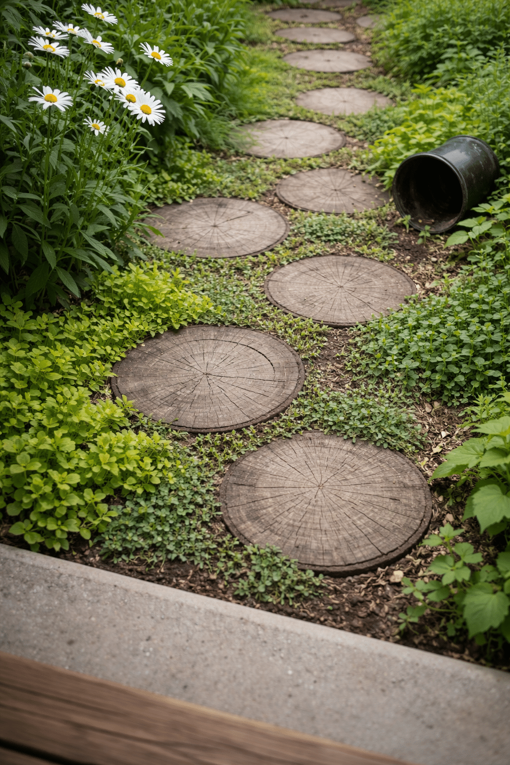 ### 19. Log Slice Path with Creeping Thyme