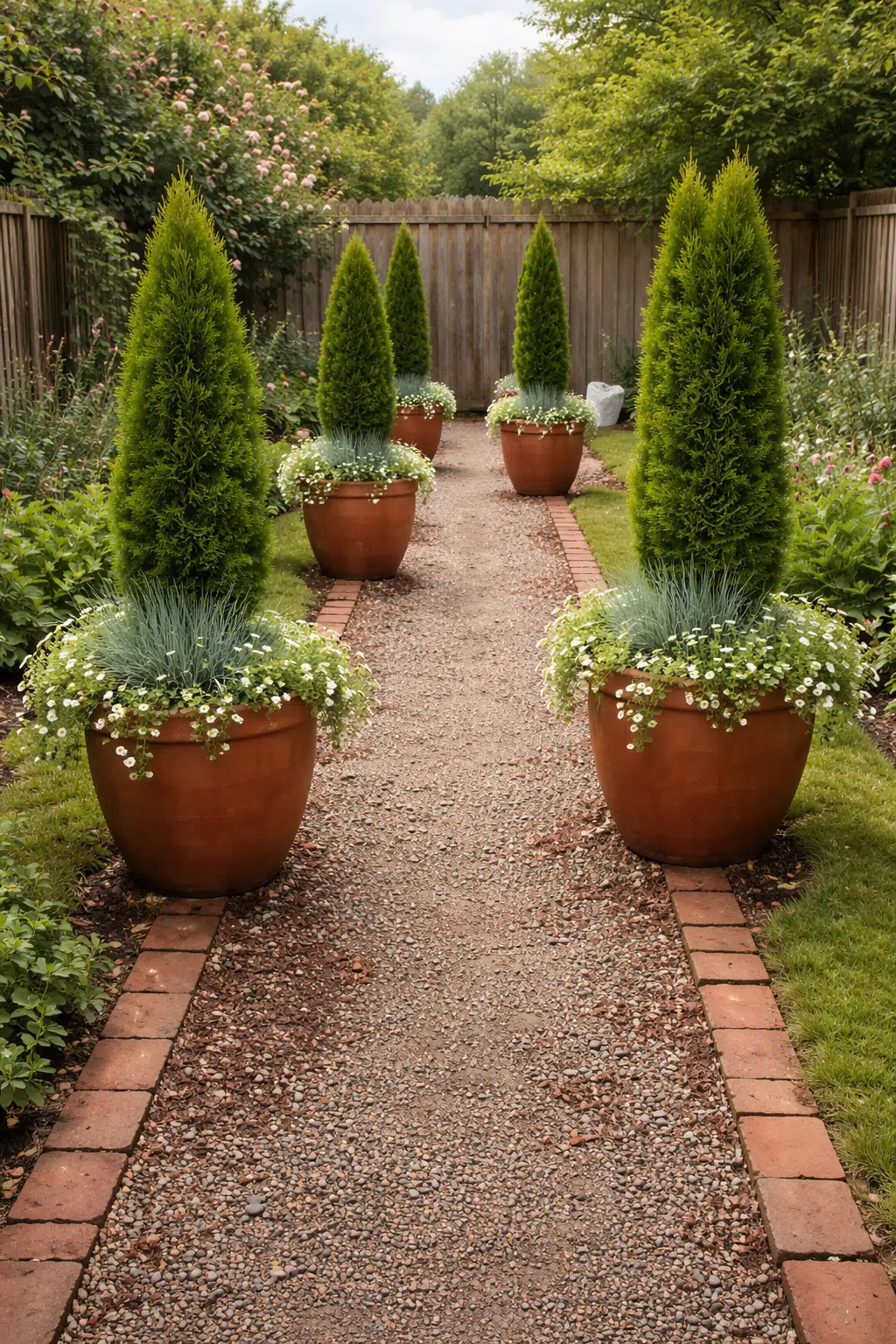 ### 16. Potted Arborvitae and Daisies Pathway