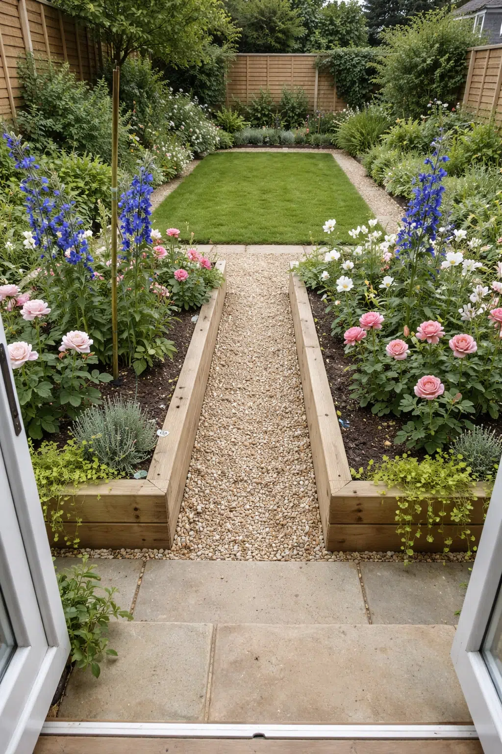 ### 21. Gravel Path Between Roses and Delphiniums