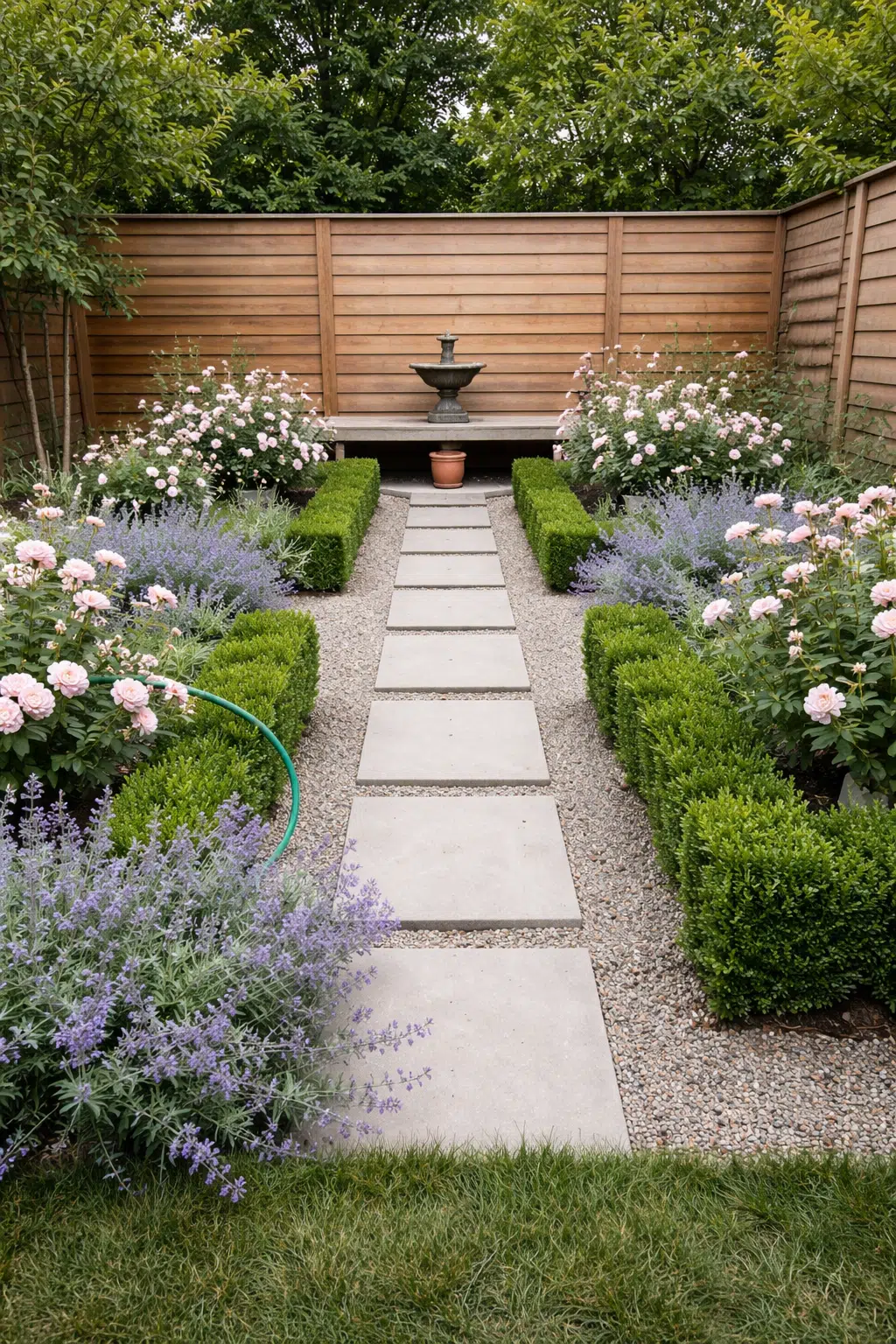 ### 18. Boxwood Borders with Roses and Lavender