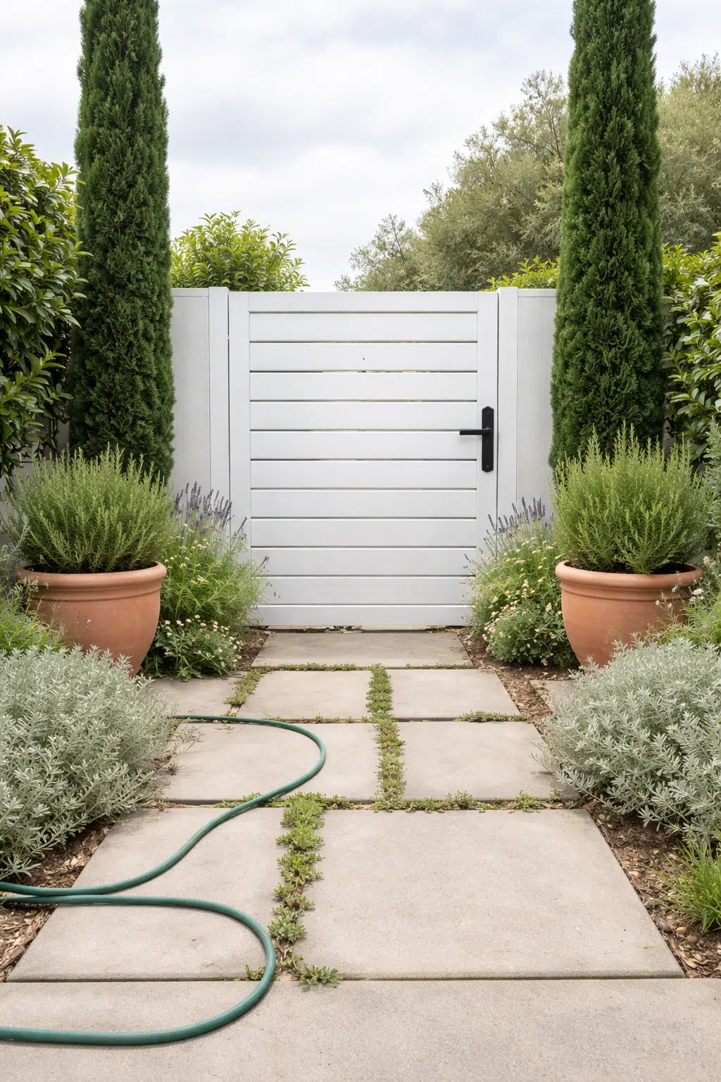### 3. White Slat Gate Framed by Rosemary and Lavender