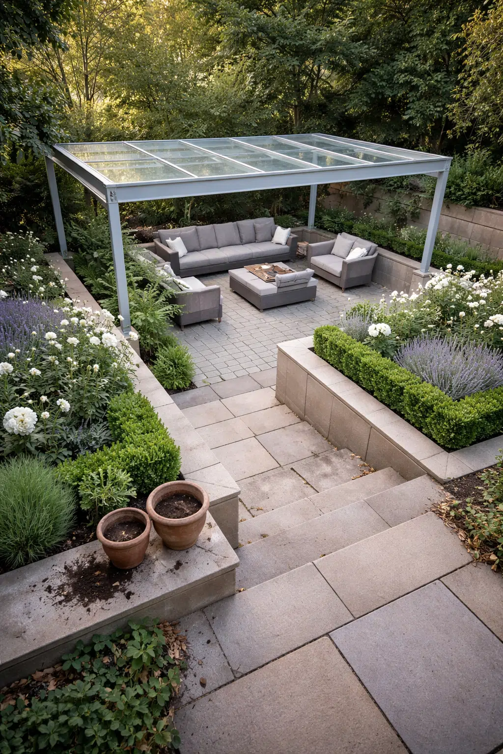 ### 18. Glass-Roof Pergola Over Boxwood and Lavender
