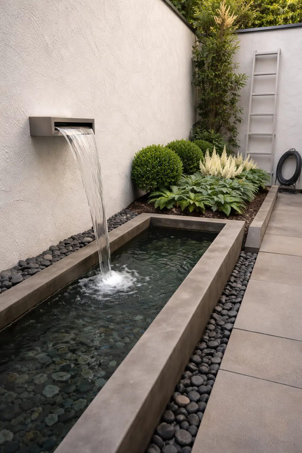 ### 15. Wall Cascade Pool with Boxwood and Astilbe