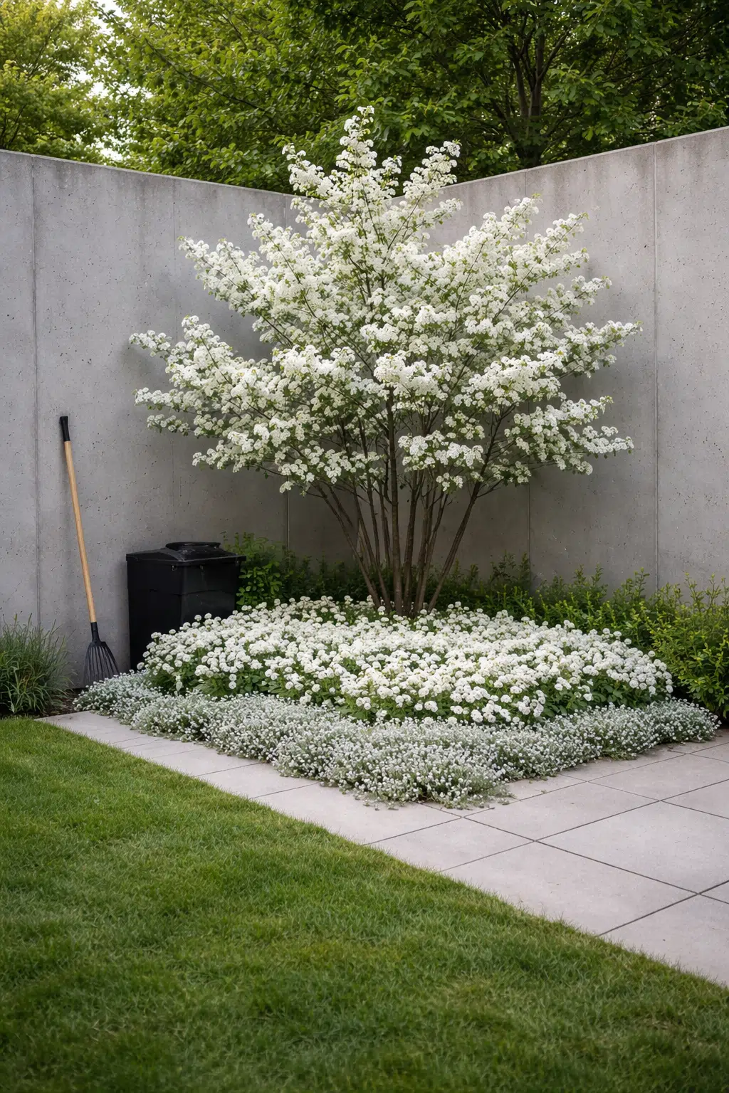 ### 14. White Spirea Tree With Groundcover Drift