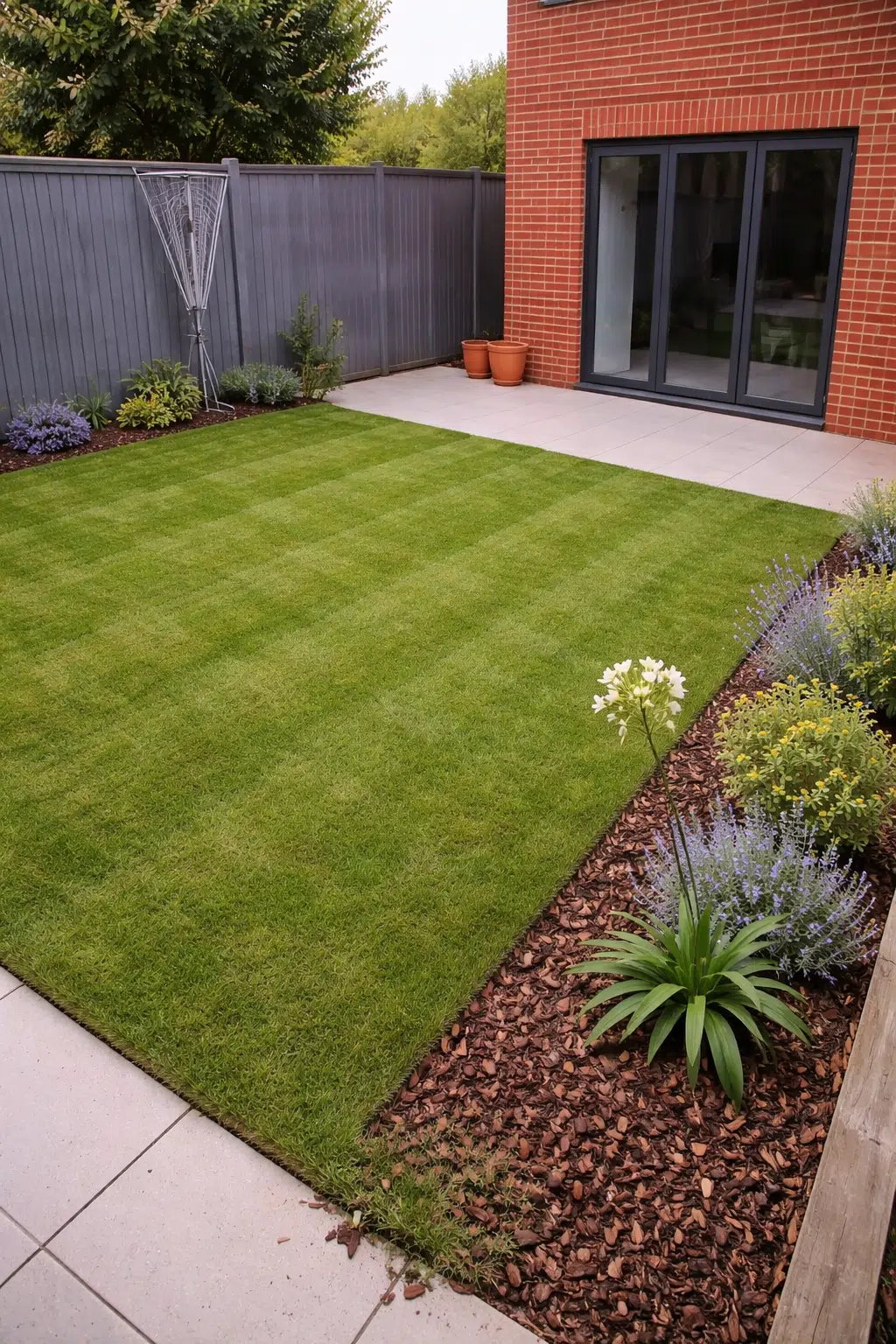 ### 21. Striped Lawn With Lavender Border Beds