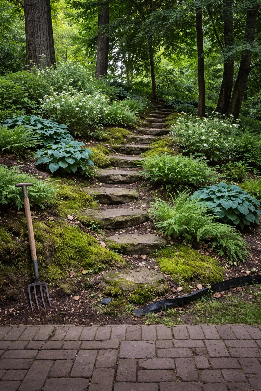 ### 11. Mossy Stone Steps with Ferns and Hostas