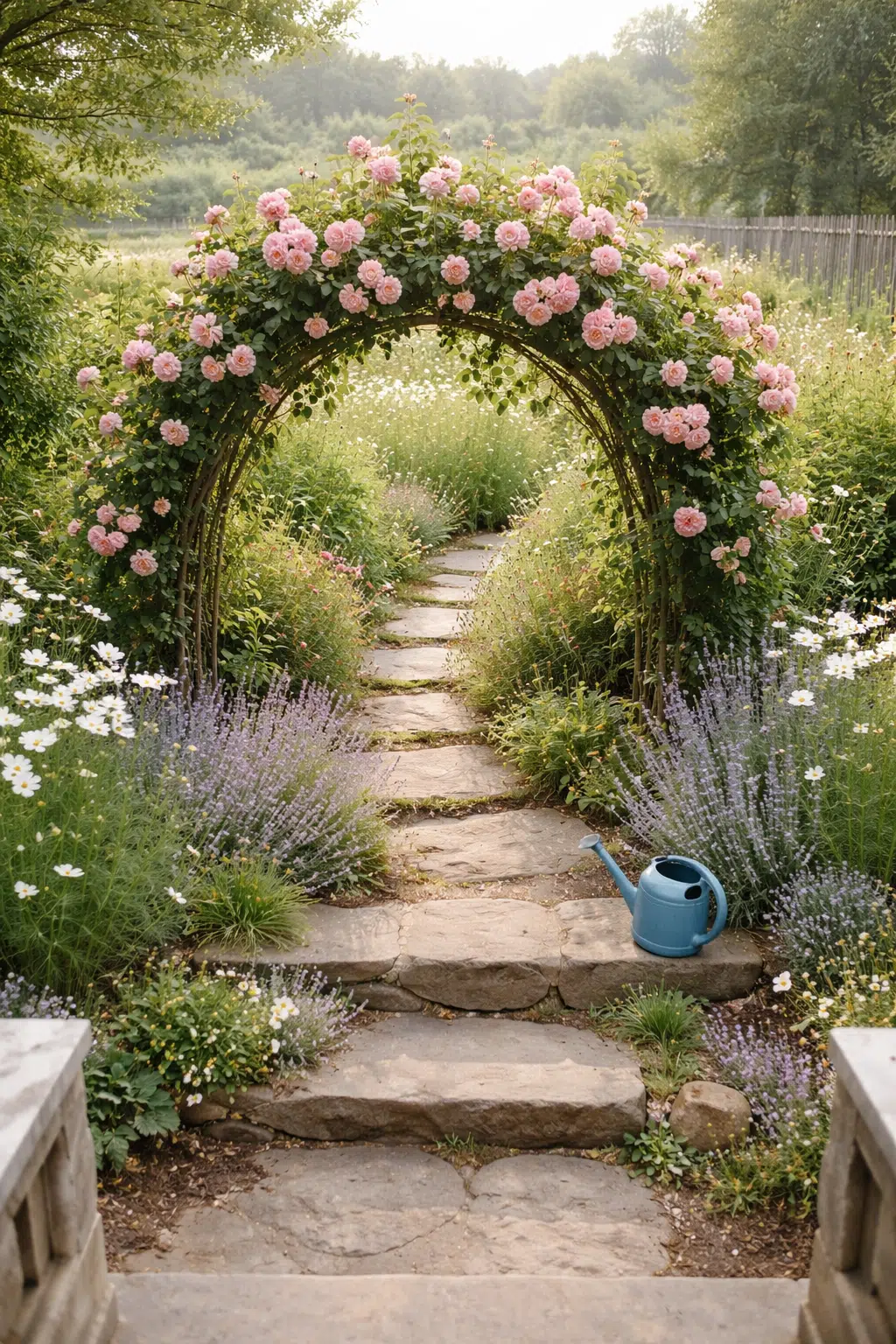 ### 21. Pink Climbing Roses Over Stone Path Arch