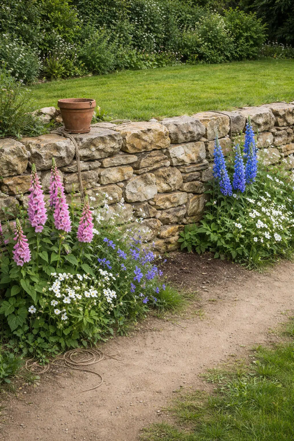 ### 17. Foxglove and Delphinium Border Along Stone Wall