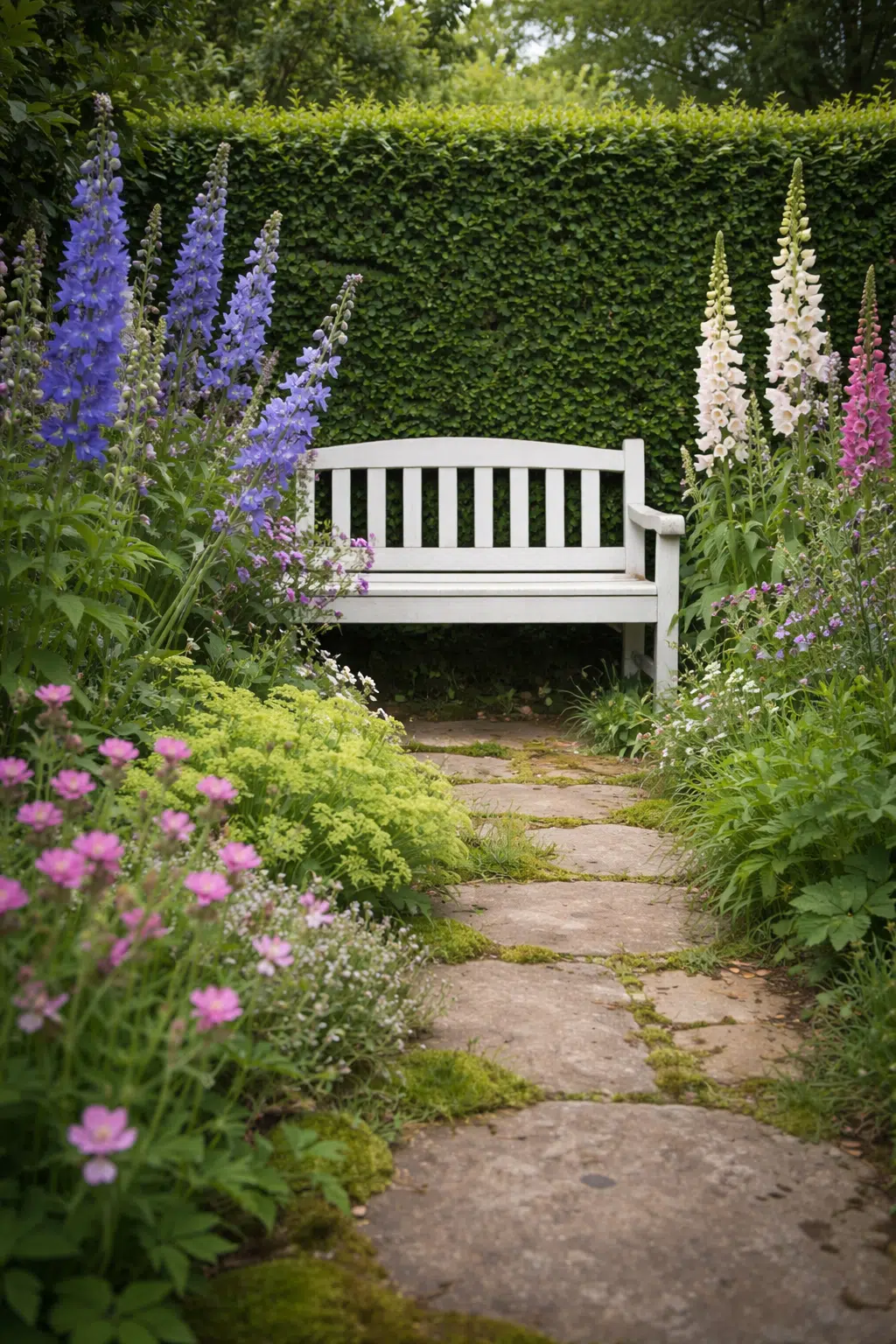 ### 11. White Bench Framed by Delphiniums and Foxgloves