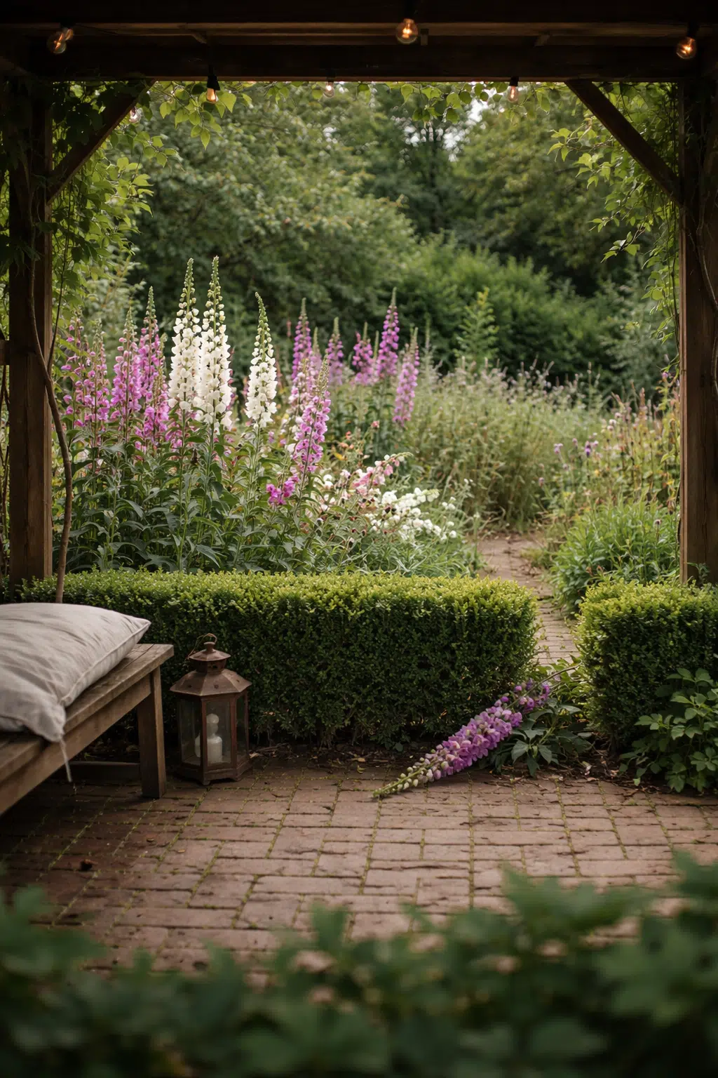 ### 22. Boxwood-Edged Path With Foxglove Border