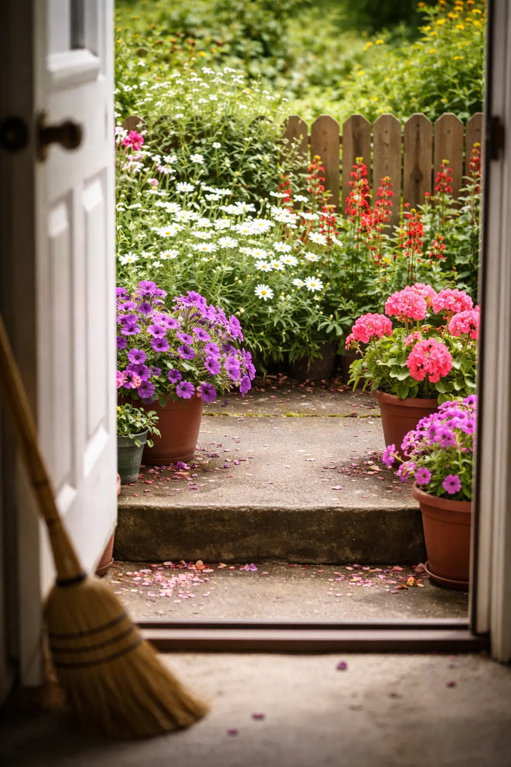 ### 14. Potted Geraniums and Petunias by Daisy Border