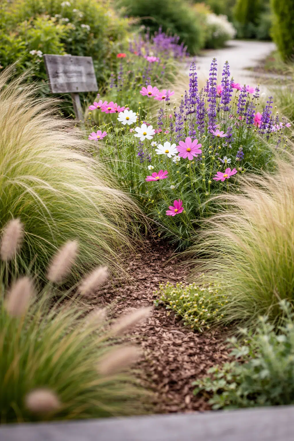 ### 17. Cosmos and Salvia Drift Through Feather Grass