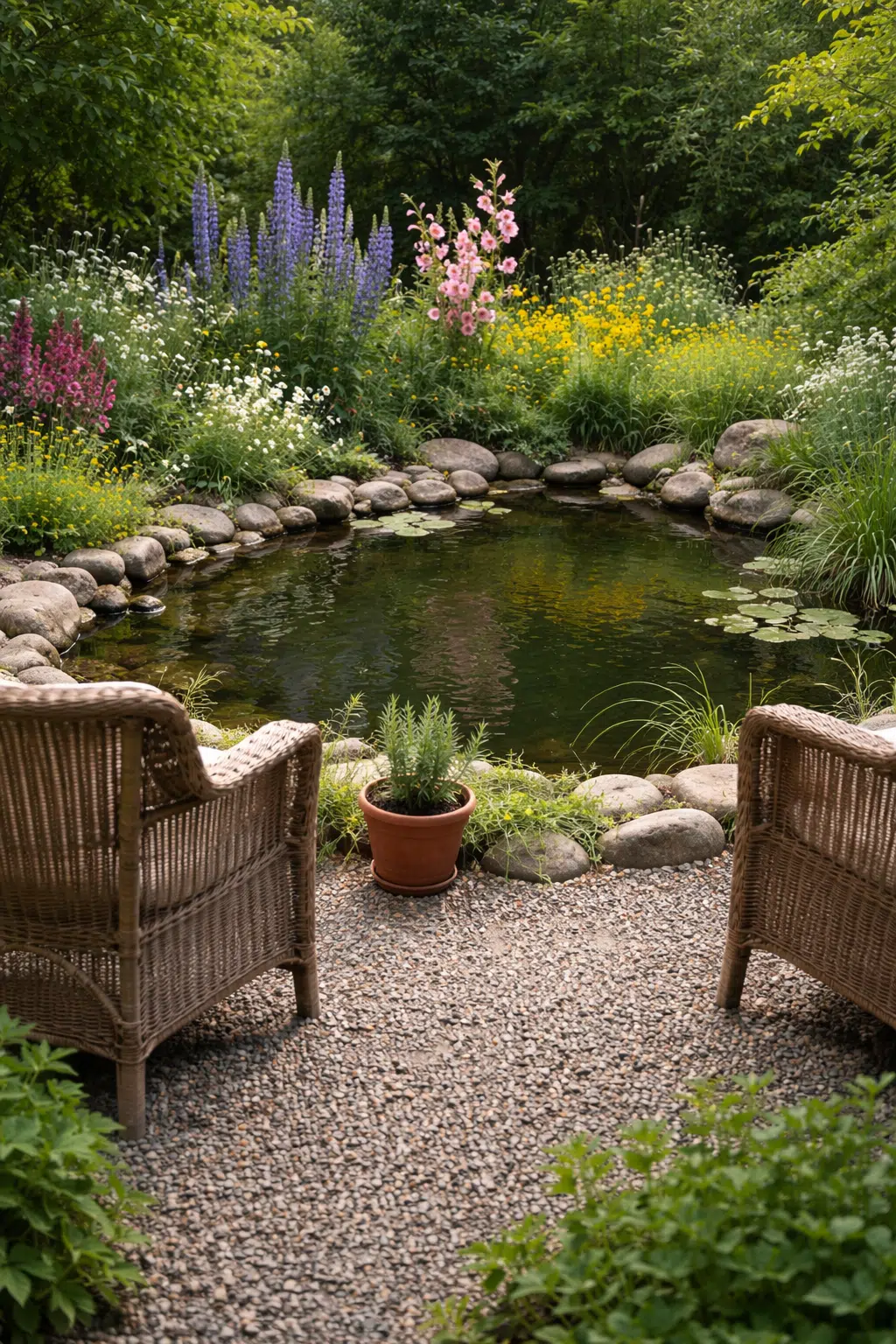 ### 21. Lupines and Hollyhocks Around Stone Pond