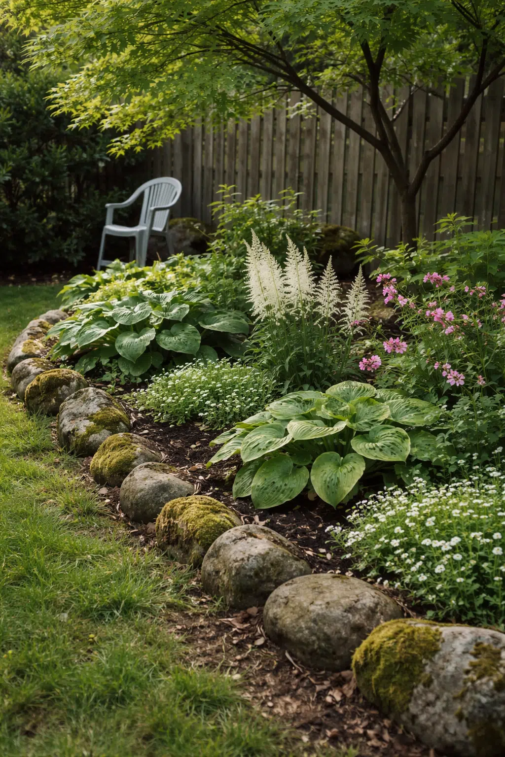 ### 12. Hosta and Astilbe Border Along Mossy Rocks