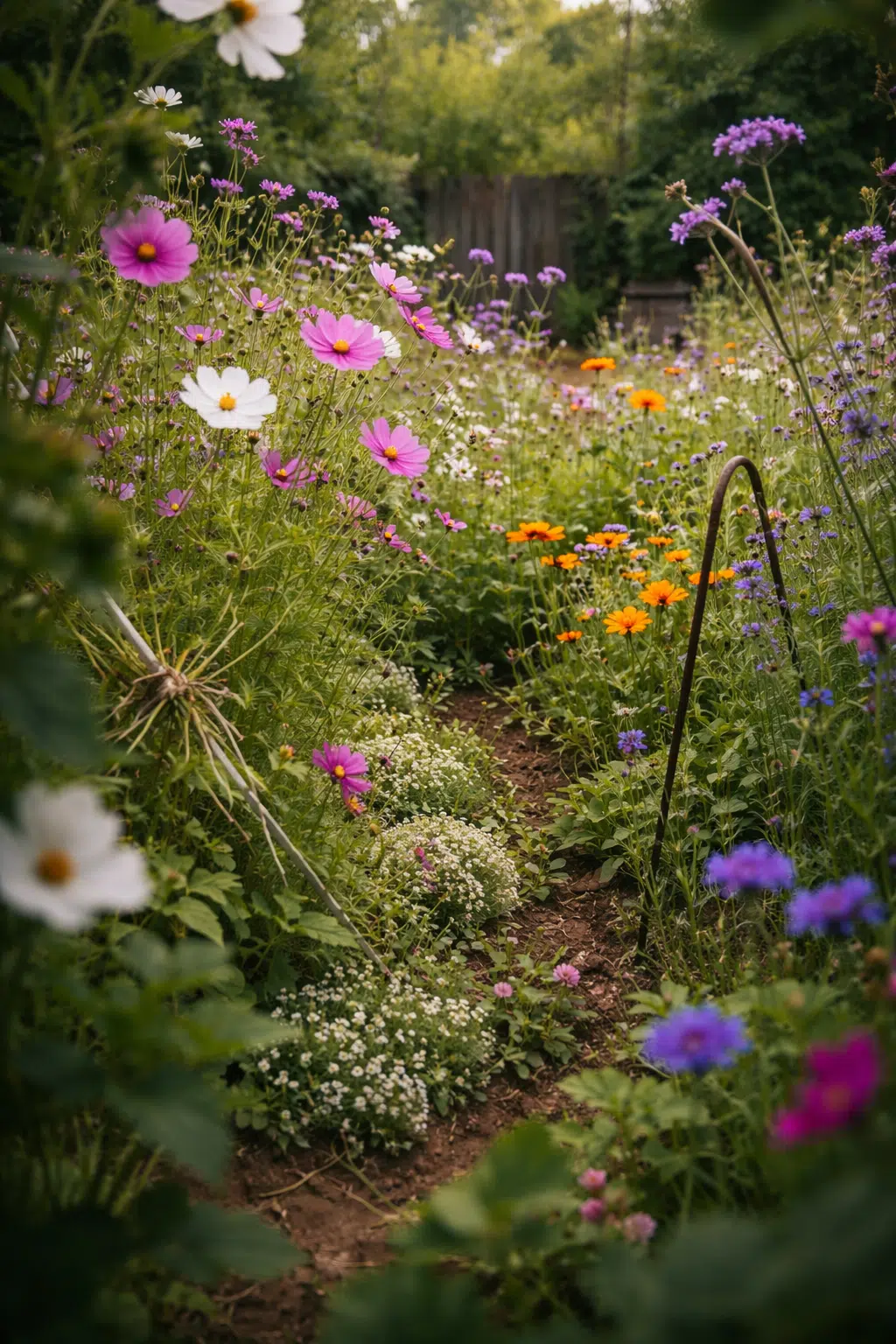 ### 16. Cosmos and Verbena Lining a Rustic Path