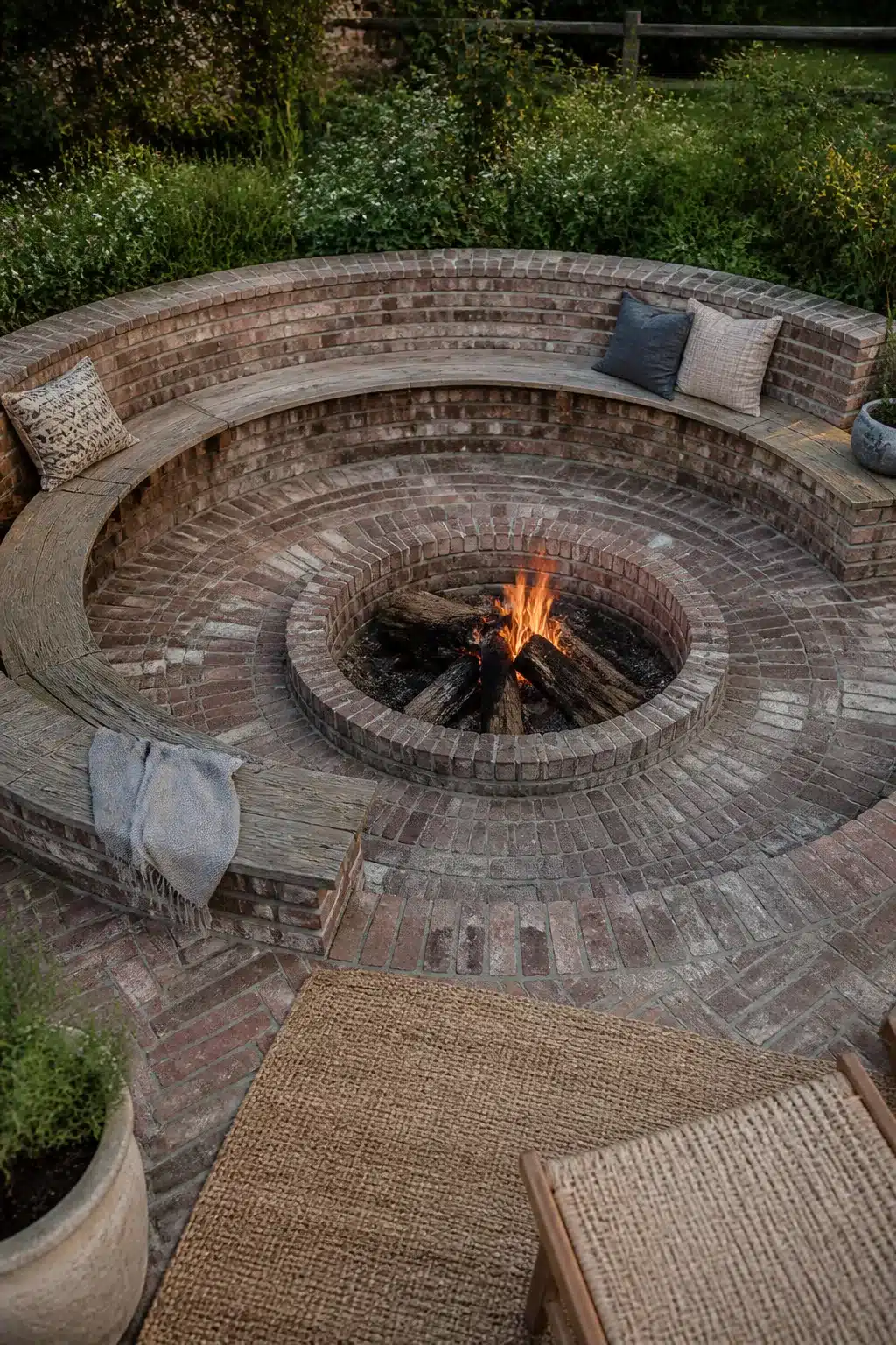 Circular reclaimed brick sunken fire pit with curved built-in bench surround in a lush garden setting.