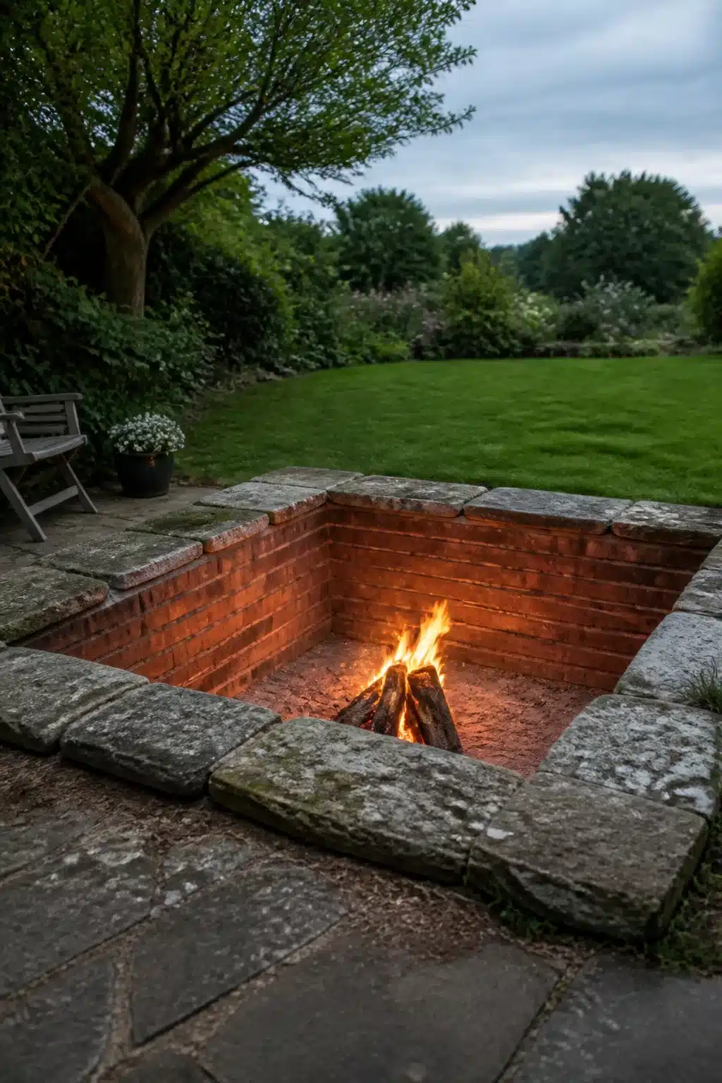 Square sunken brick fire pit with natural stone edging glowing at dusk in a lush English garden.