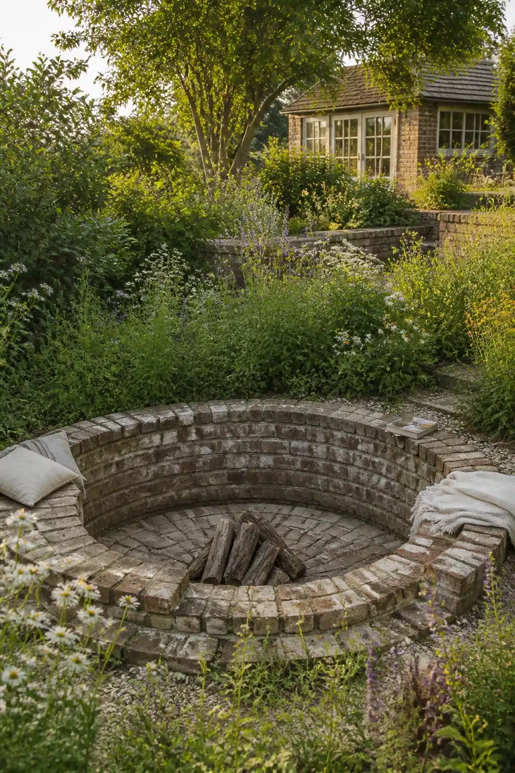 Circular reclaimed brick sunken fire pit with curved seating ledge surrounded by wild cottage garden planting.