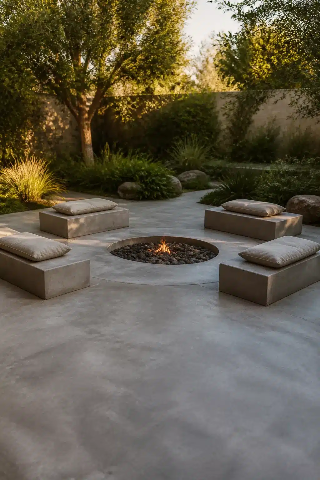 Minimalist concrete patio with flush sunken fire pit and modular concrete bench seats at dusk.
