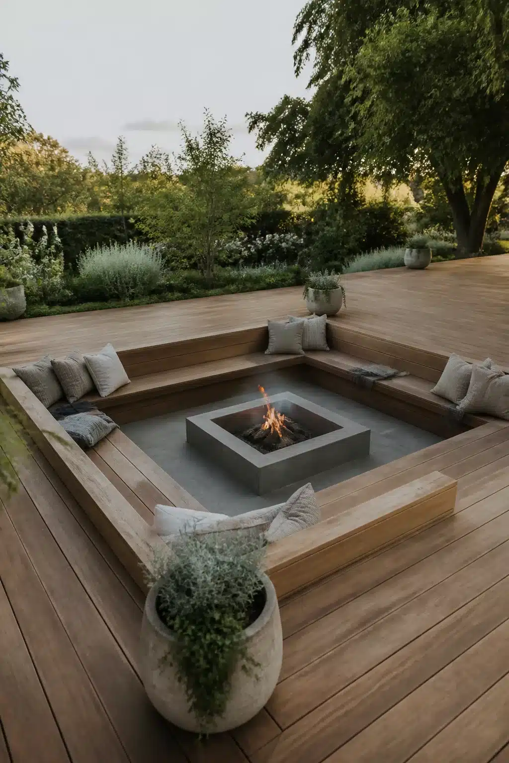 Sunken square concrete fire pit with timber decking surround and built-in bench seating in a lush garden setting.