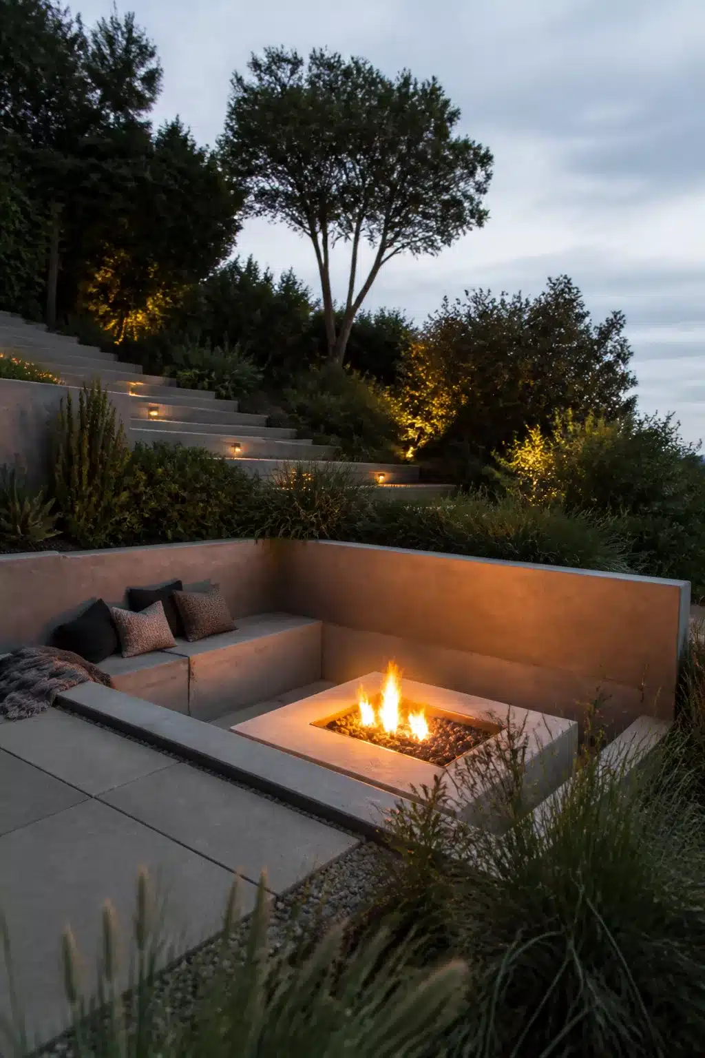 Sunken concrete fire pit built into a terraced hillside garden with lit steps and uplighting at dusk.