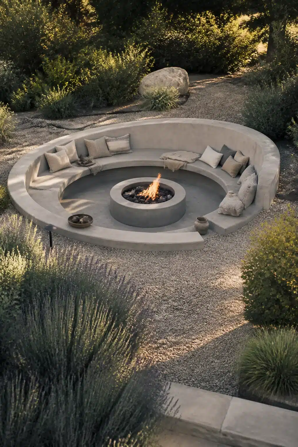 Aerial view of a circular sunken concrete fire pit with built-in bench seating surrounded by gravel and Mediterranean planting.