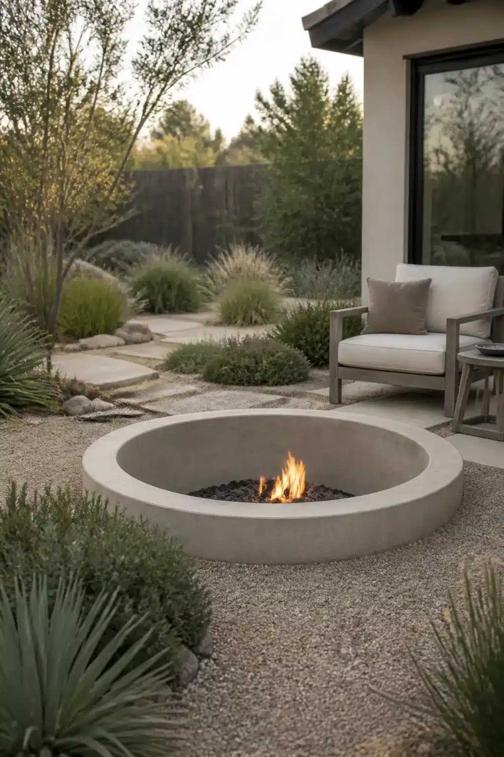 Circular concrete sunken fire pit set in gravel patio with desert-style ornamental grasses and yucca plants.