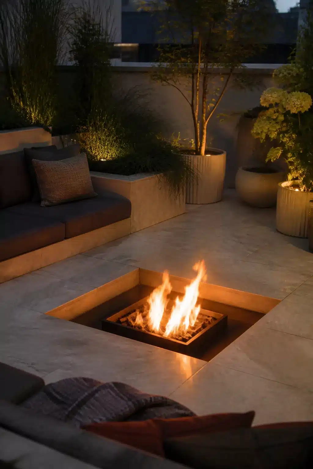 Polished concrete sunken fire pit with steel grate glowing at night on a contemporary rooftop terrace.