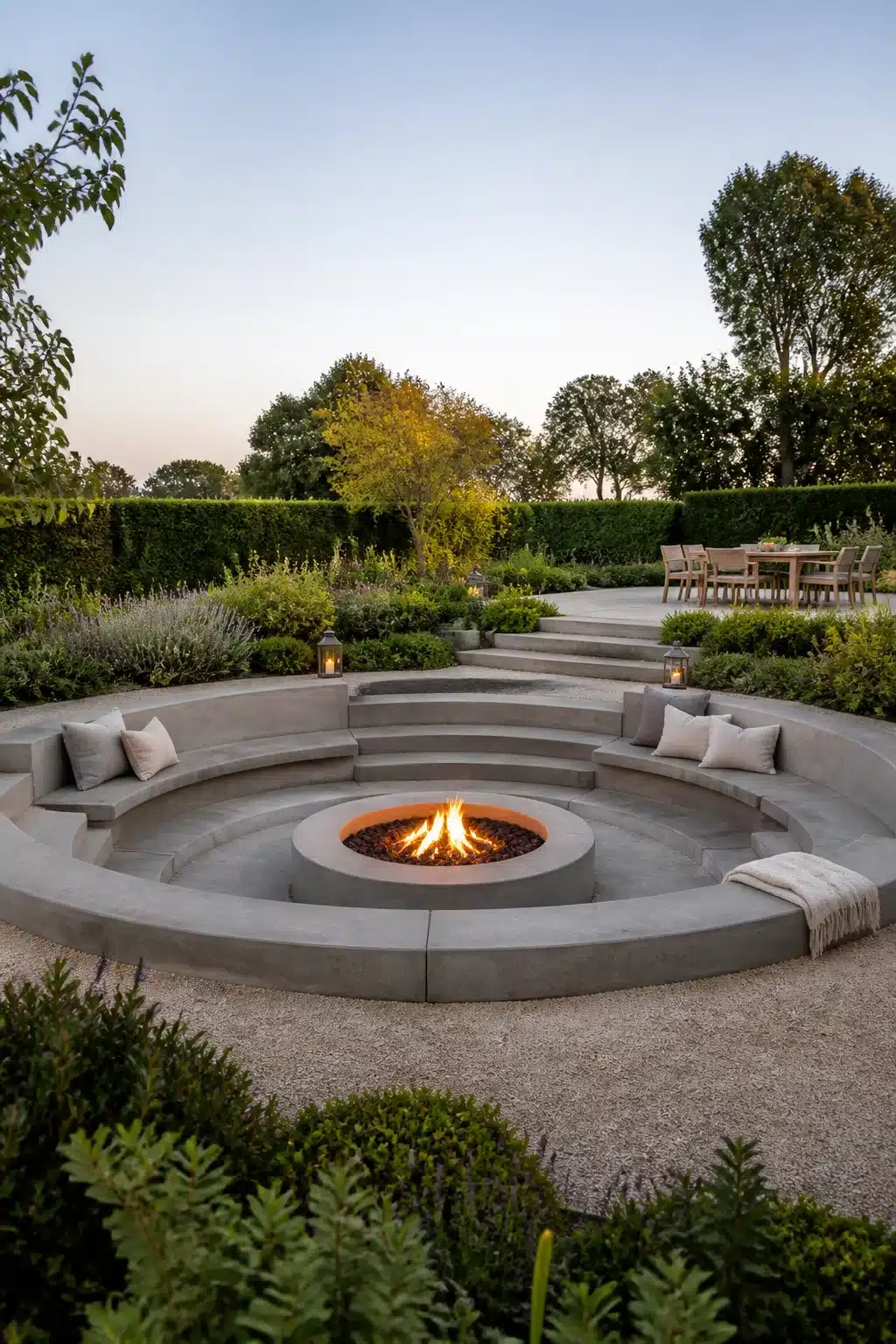 Circular sunken concrete fire pit with wraparound stepped seating, cushions, and gravel surround in a formal garden at dusk.