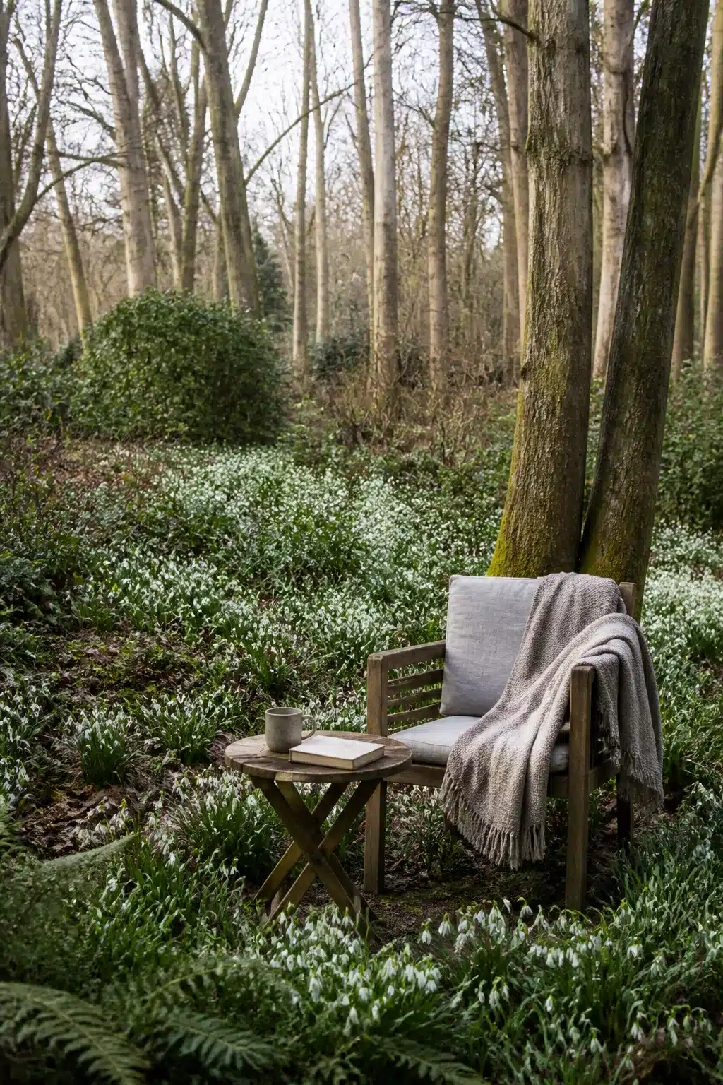 Snowdrops carpeting the floor of an English woodland garden in winter with a wooden chair and folding table