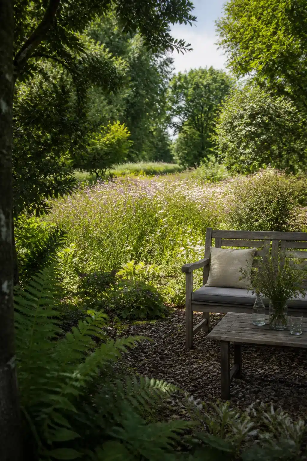 Weathered bench at the edge of an English woodland garden glade with wildflower meadow planting and ferns