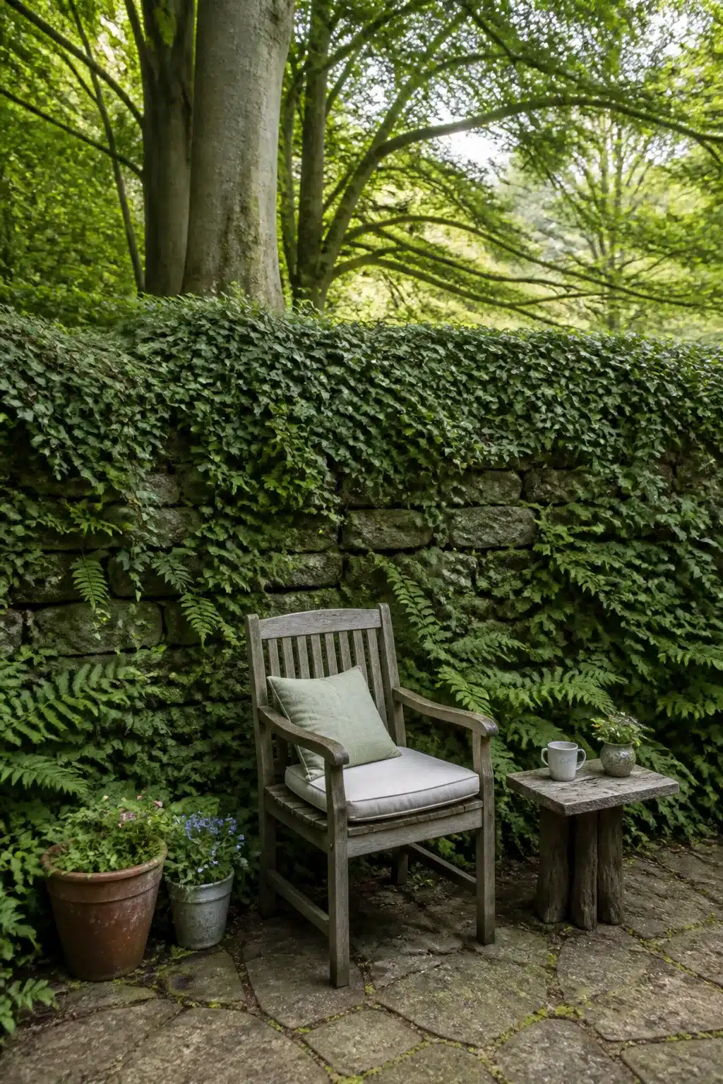 Weathered teak chair beside an ivy-draped stone wall with ferns in an English woodland garden setting.