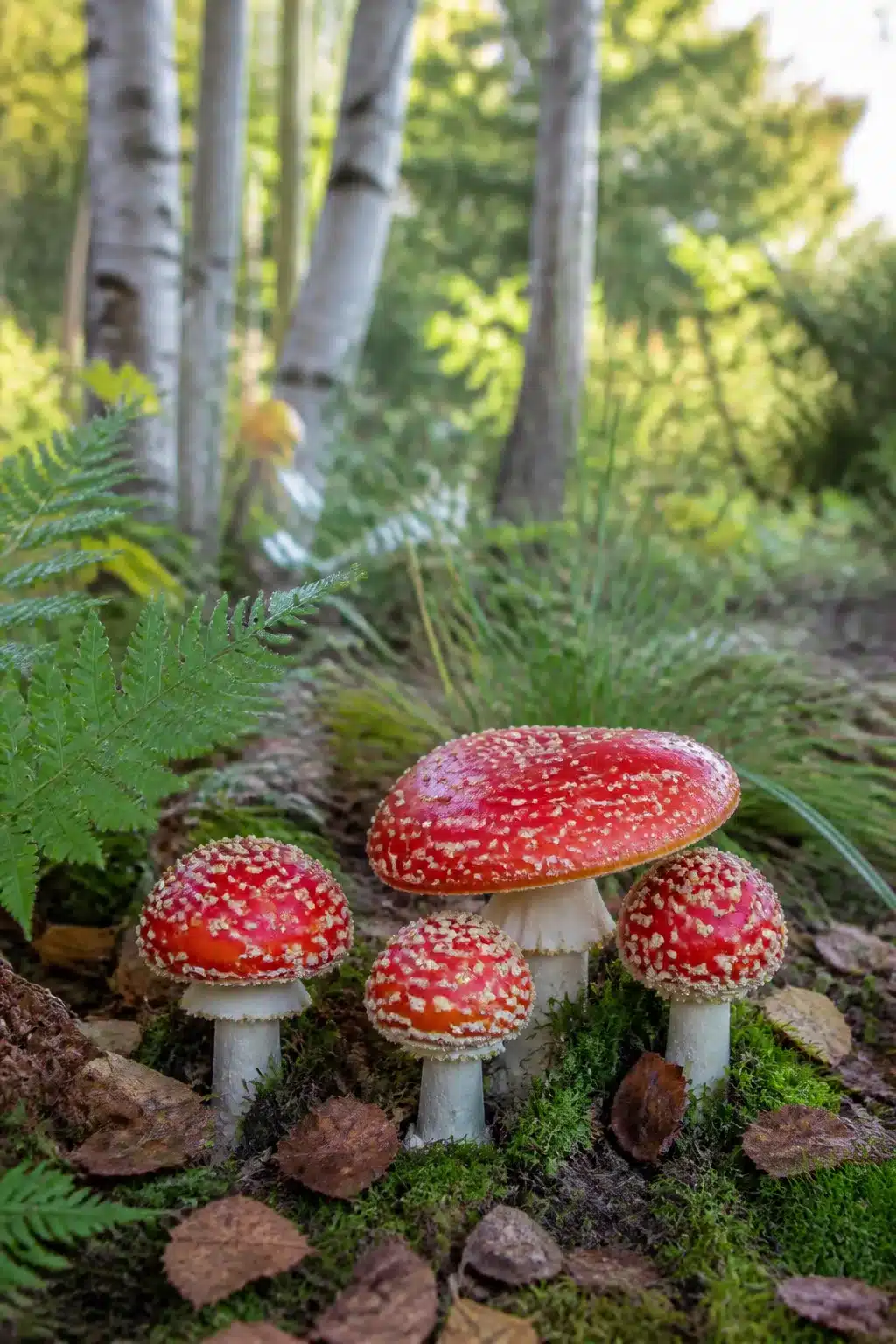 Red fly agaric fungi on moss under silver birch in an English woodland garden with ferns and naturalistic planting.