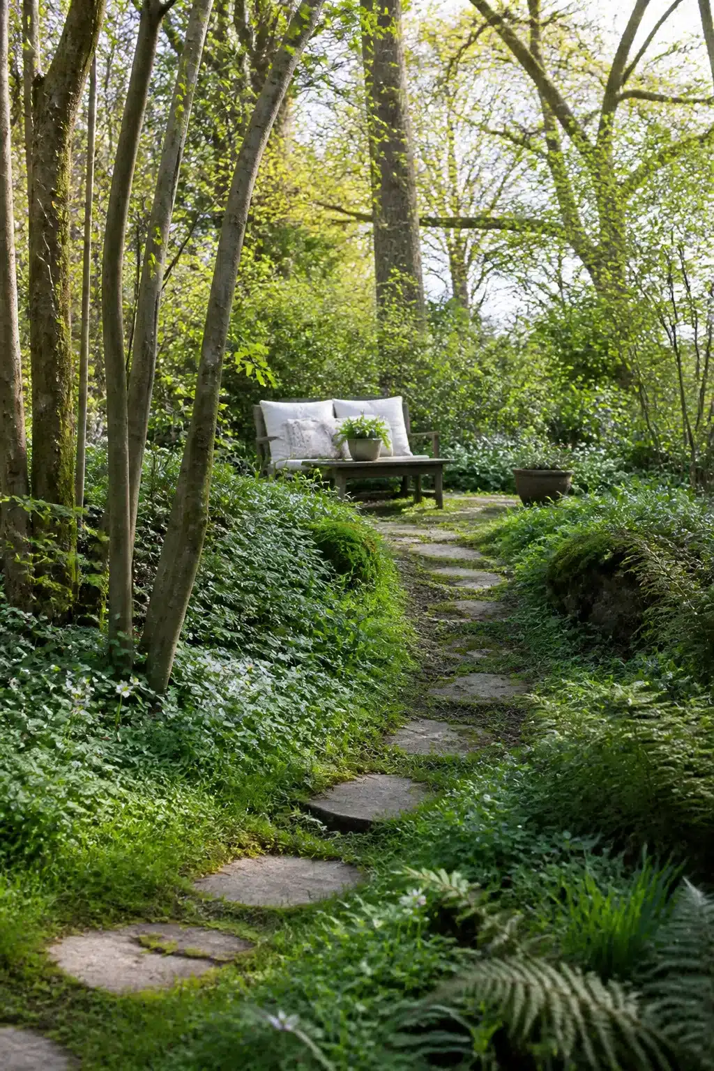 Flat stepping stone path through an English woodland garden leading to a wooden bench surrounded by naturalistic ground cover planting