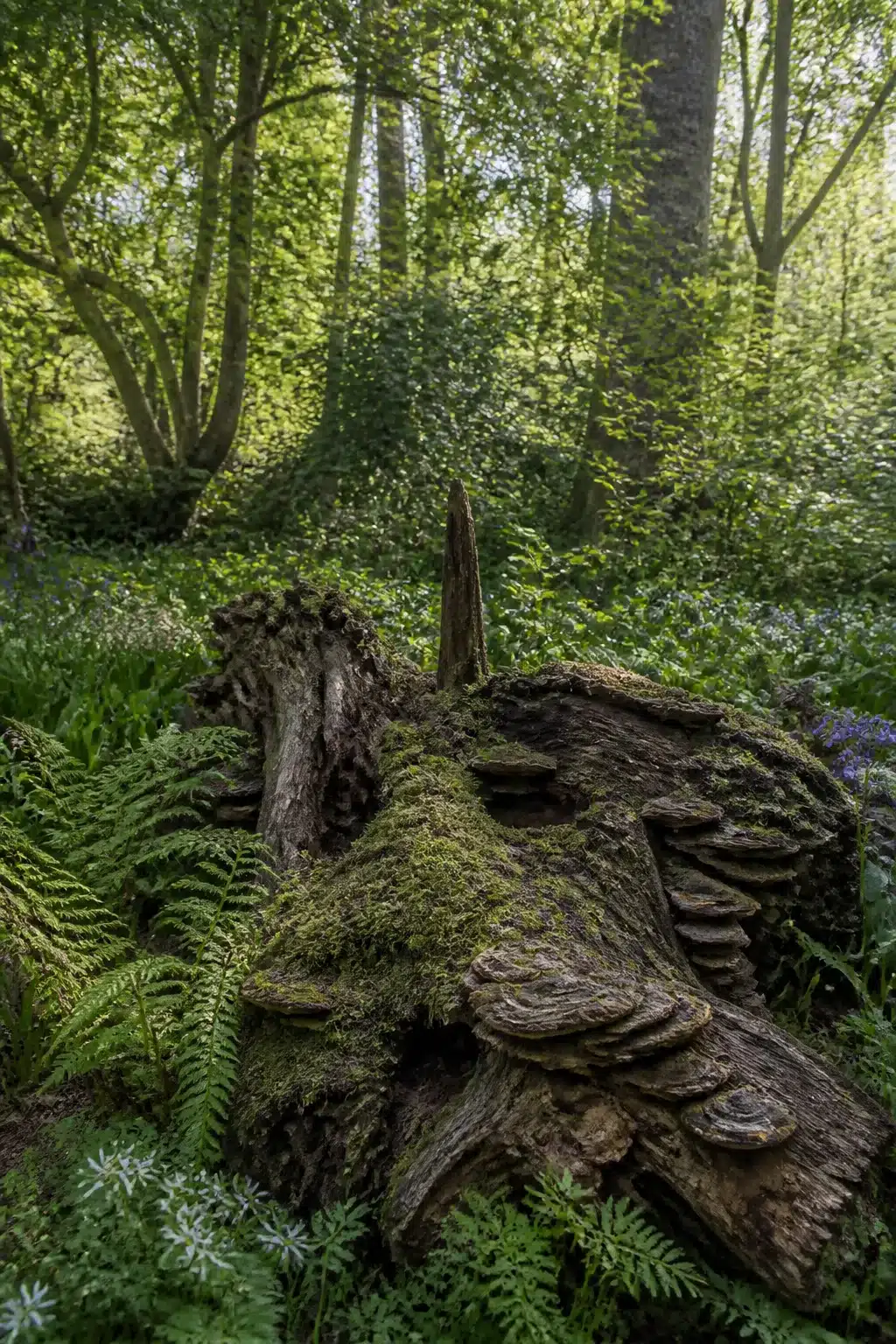 Moss-covered fallen log with bracket fungi and ferns in an English woodland garden with native trees