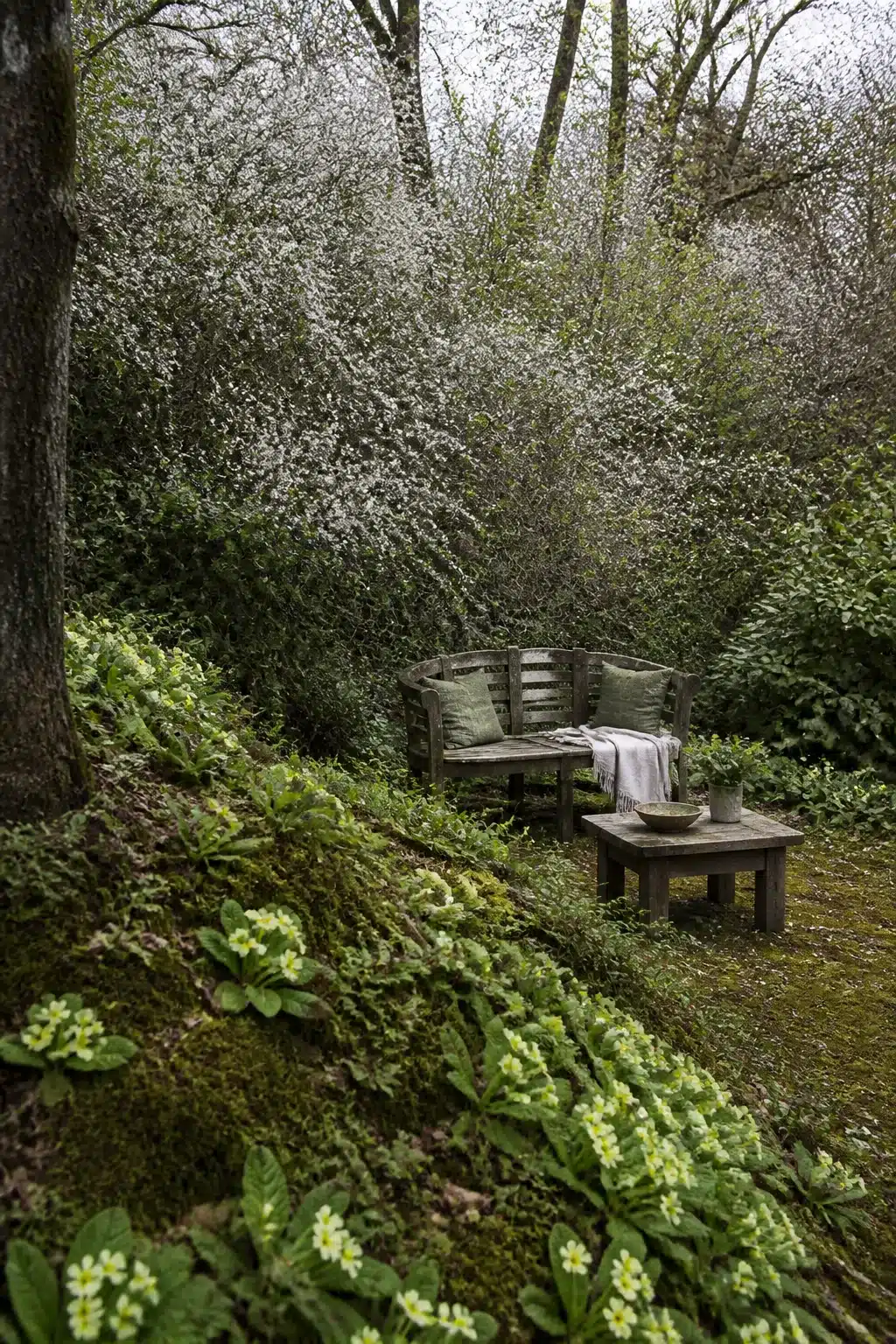 Primrose bank with weathered bench and white blossom shrubs in an English woodland garden