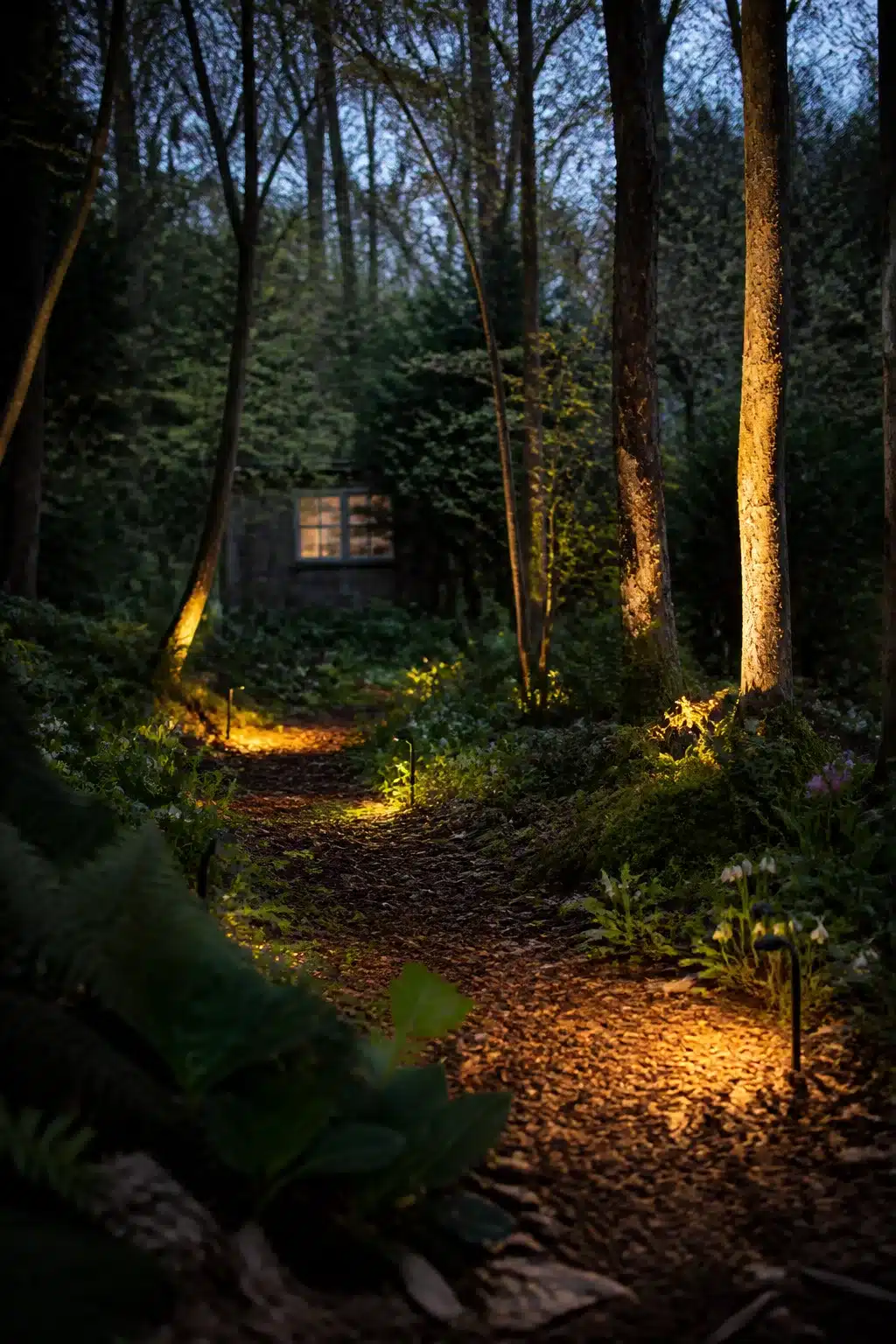 Warm uplighting along a winding bark-chip path through an English woodland garden at dusk, with native trees and ferns.