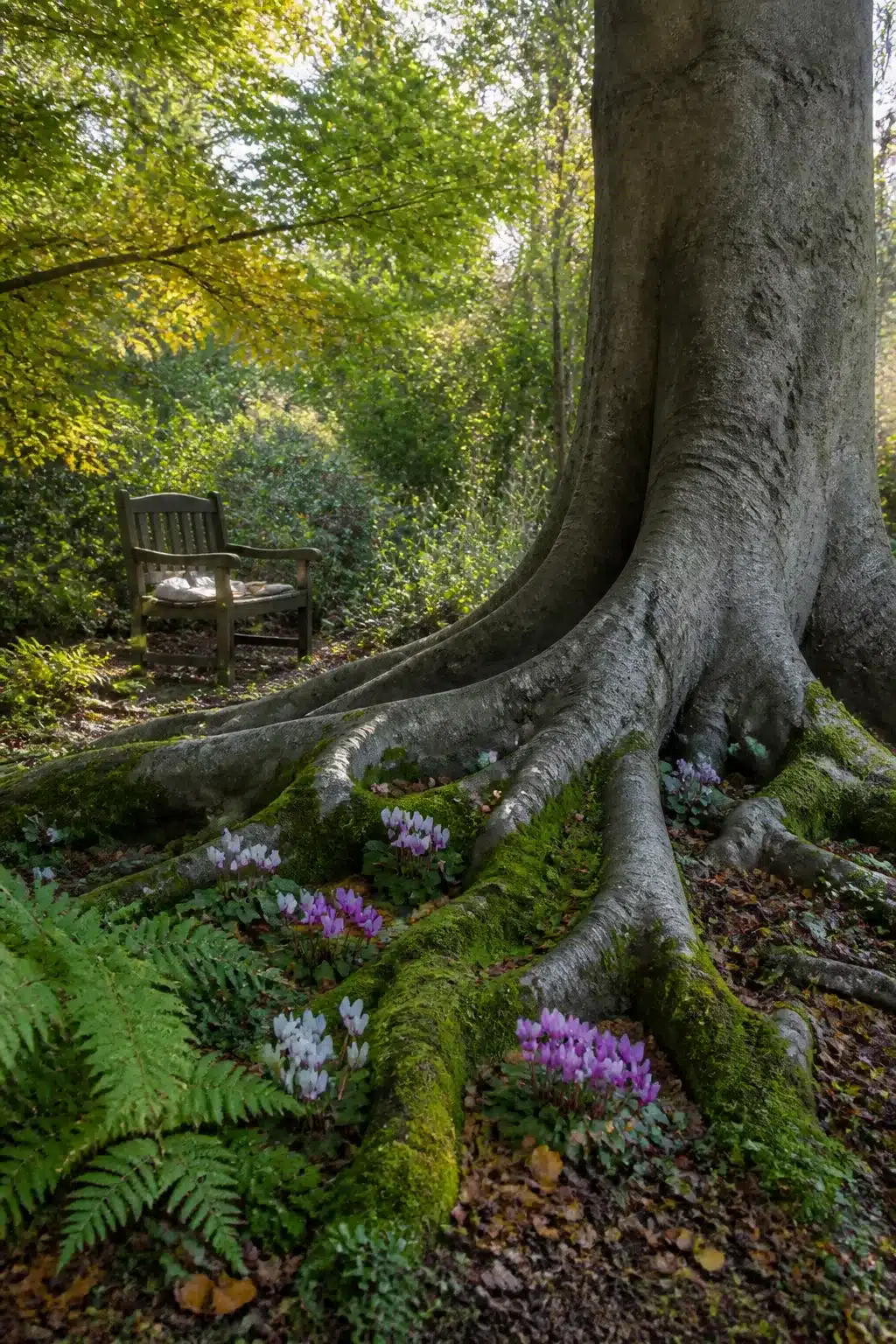 Moss-covered beech tree roots with pink and white cyclamen in an English woodland garden, with a wooden bench beyond.