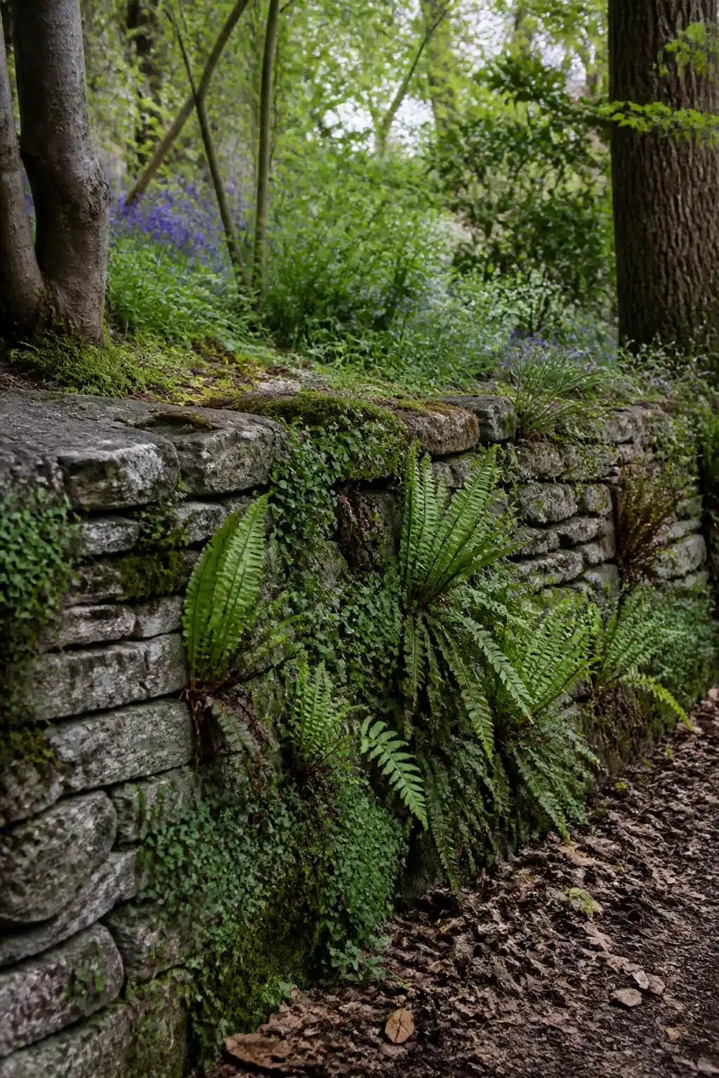 Ferns growing from a mossy dry stone wall in an English woodland garden with native trees and naturalistic planting