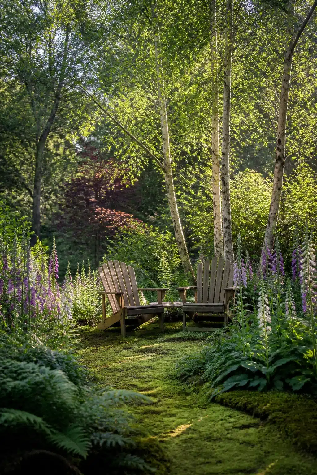 Two Adirondack chairs in a moss-floored English woodland garden glade with foxgloves and silver birch trees.