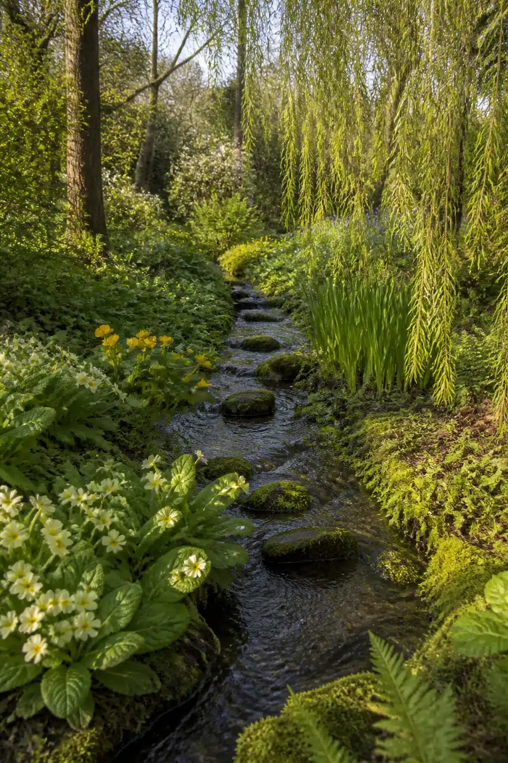 Moss-covered stepping stones in a trickling stream through an English woodland garden with primroses and willows