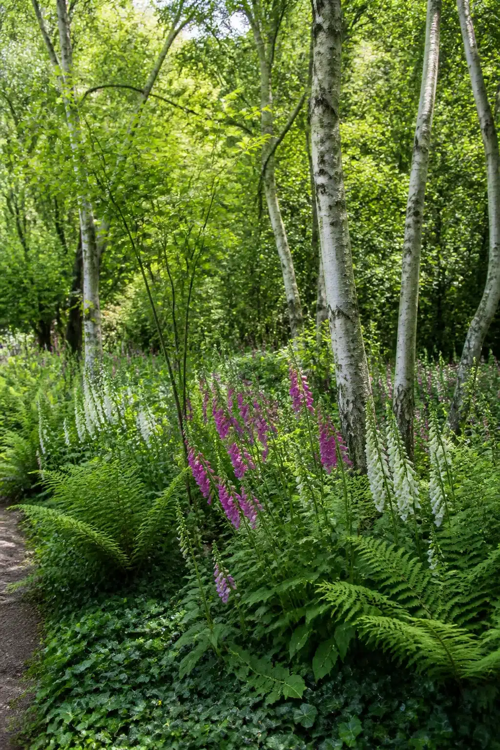 Purple and white foxglove drifts with ferns under silver birch in an English woodland garden.