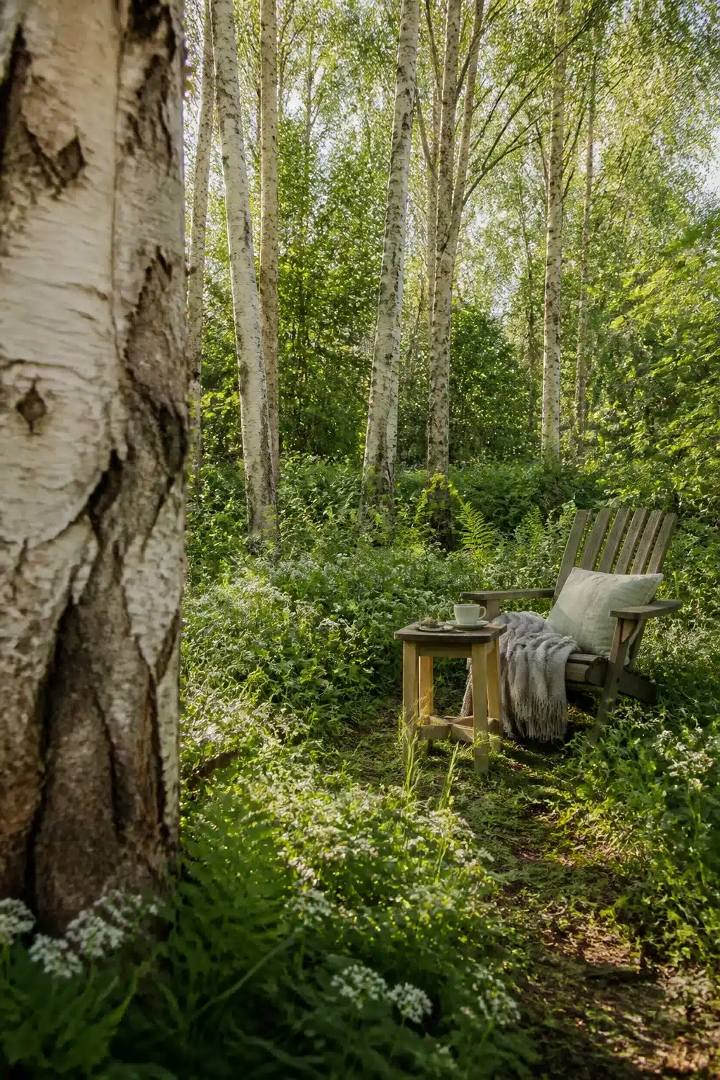 Silver birch grove seating nook in an English woodland garden with wild ground cover and naturalistic planting.